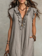 Women's Maxi Dress - Flowing Linen-Cotton Blend with Ruffle Detail