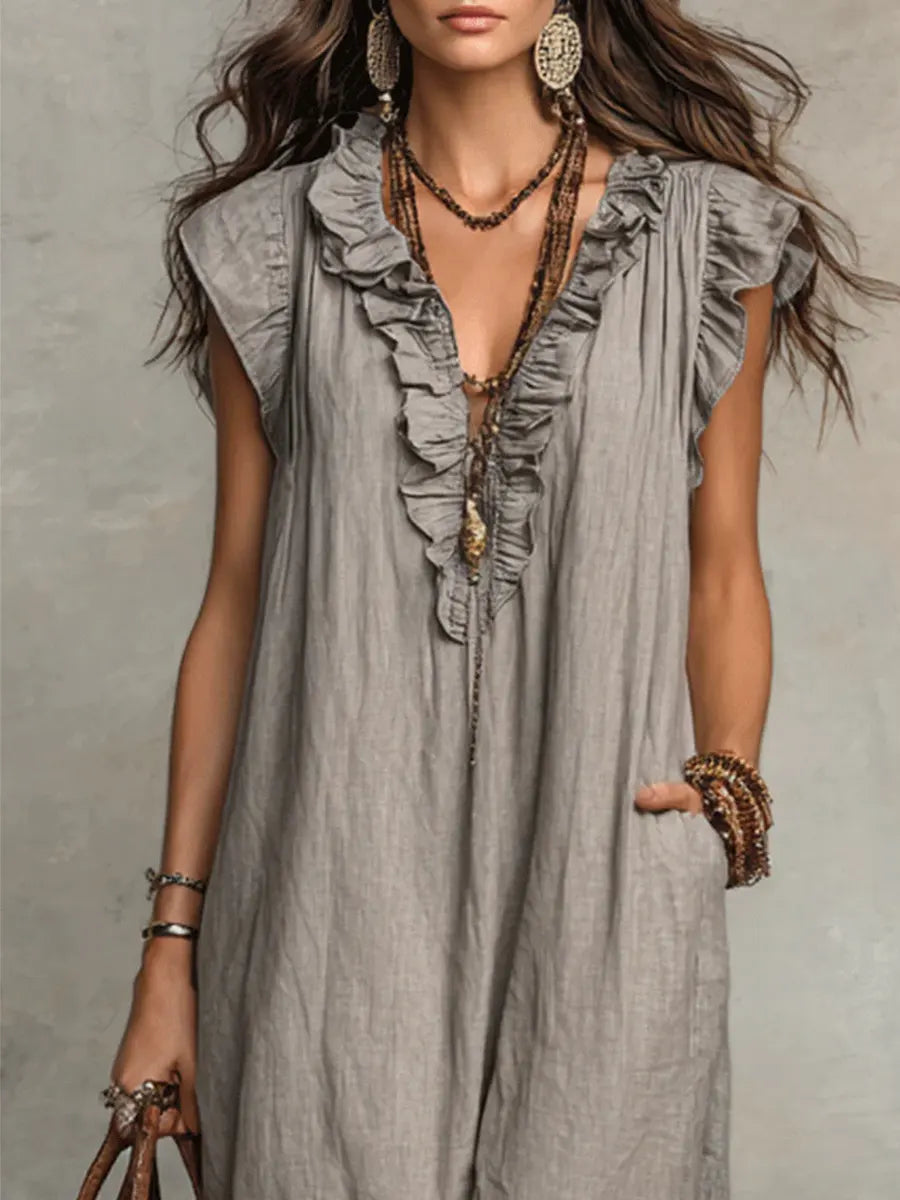 Women's Maxi Dress - Flowing Linen-Cotton Blend with Ruffle Detail