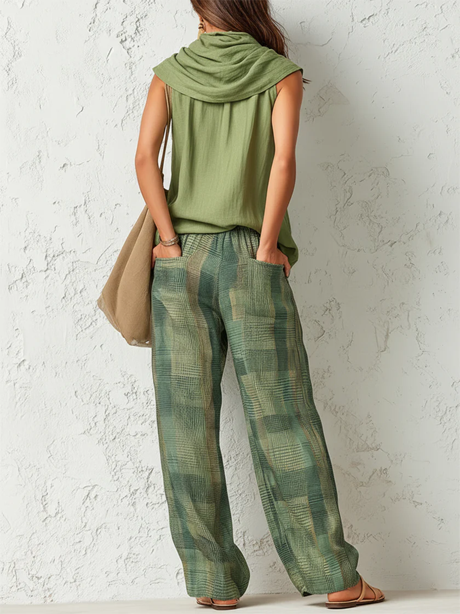 Women's Co-Ord Set - Flowy Blouse & Wide Leg Trousers in Green