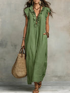 Women's Maxi Dress - Flowing Linen-Cotton Blend with Ruffle Detail