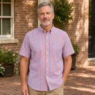 Red and Navy Tattersall Short Sleeve Oxford Shirt Front View — view 10