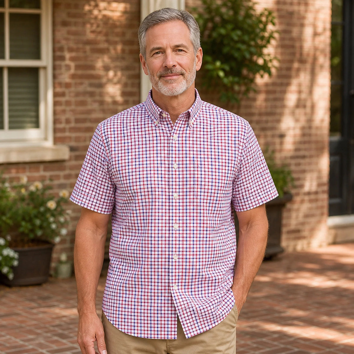 Red and Navy Tattersall Short Sleeve Oxford Shirt Front View — view 10