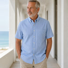 Light Blue Pinstripe Short Sleeve Oxford Shirt Front View — view 11