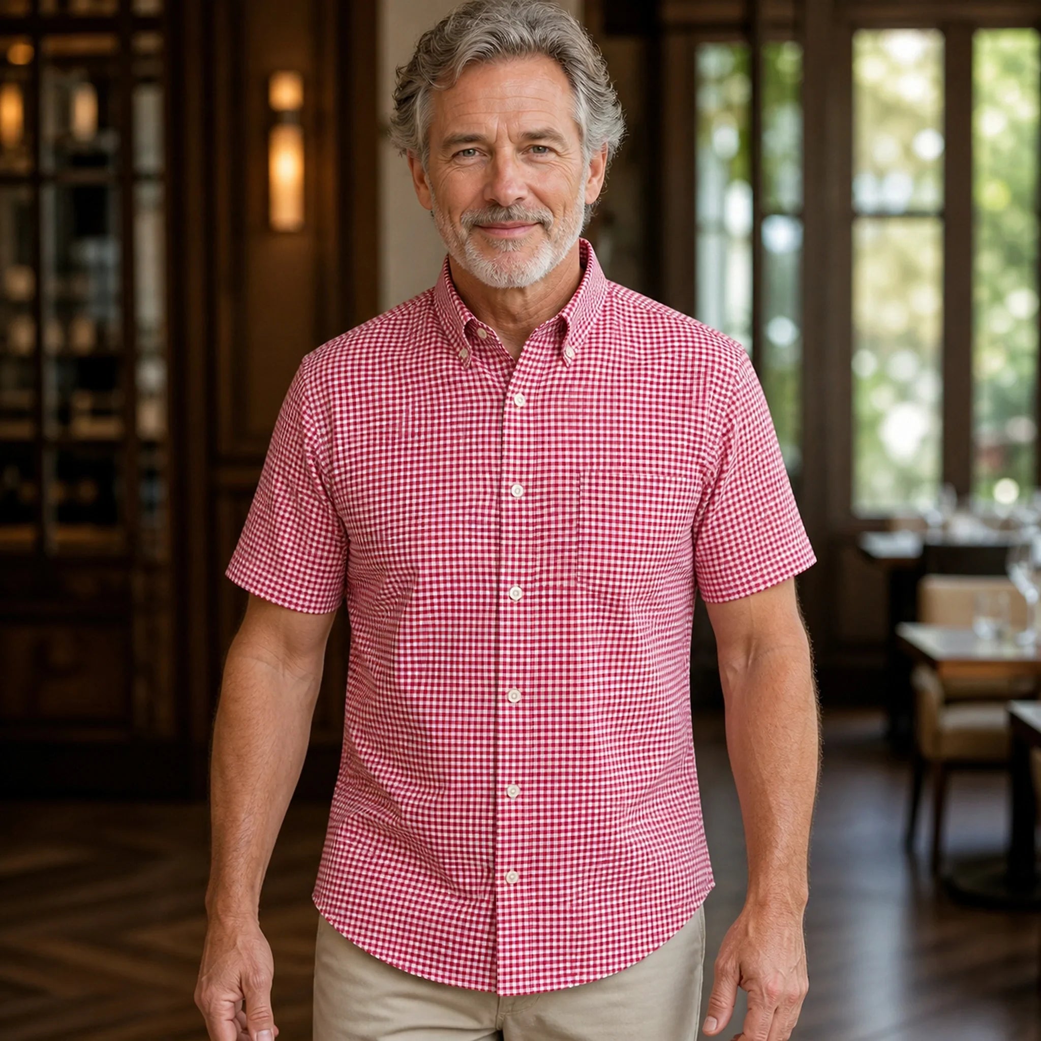 Red Micro Gingham Short Sleeve Oxford Shirt Front View — view 17