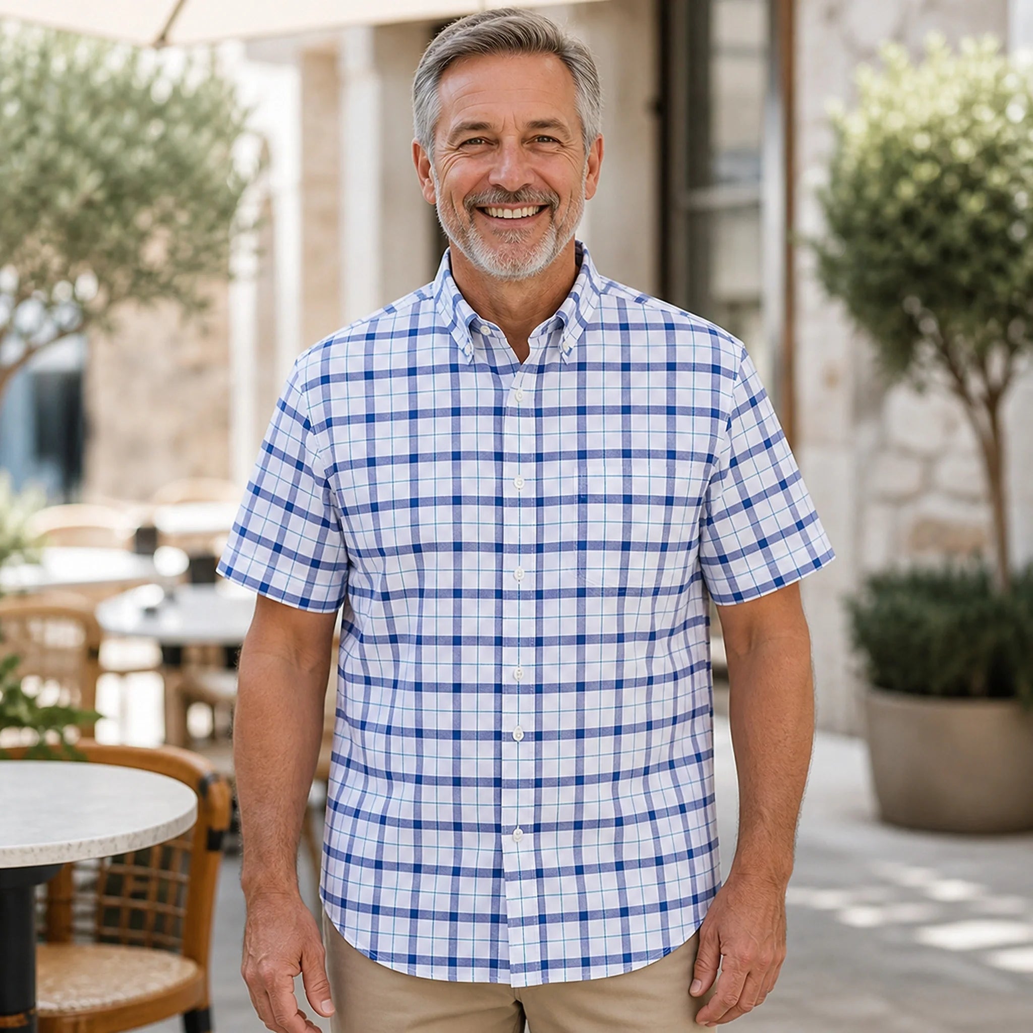 Blue and White Plaid Short Sleeve Oxford Shirt Front View — view 6
