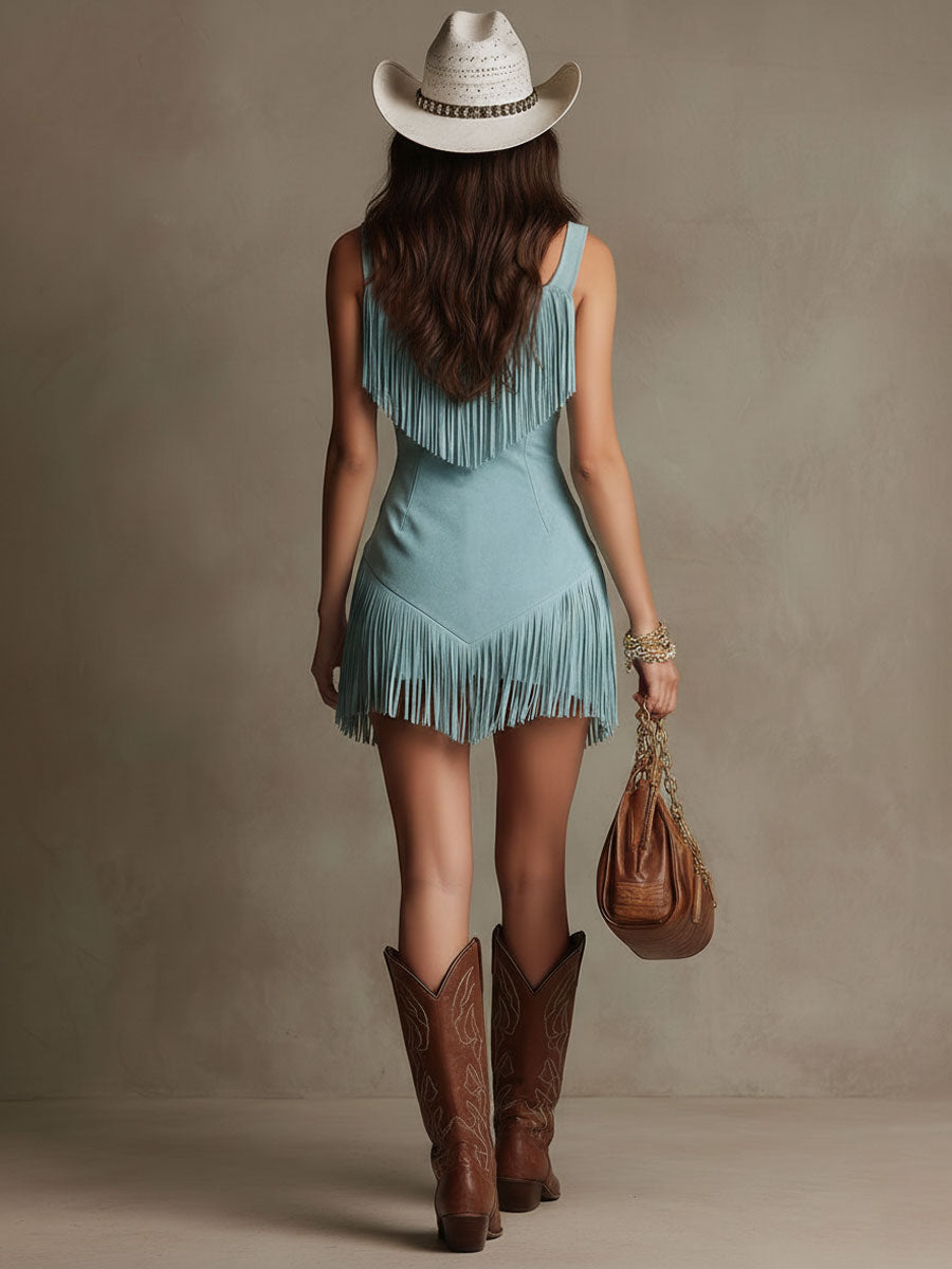 Women's Mini Dress Deep V-Neck Fringe Hem Sleeveless Bodycon