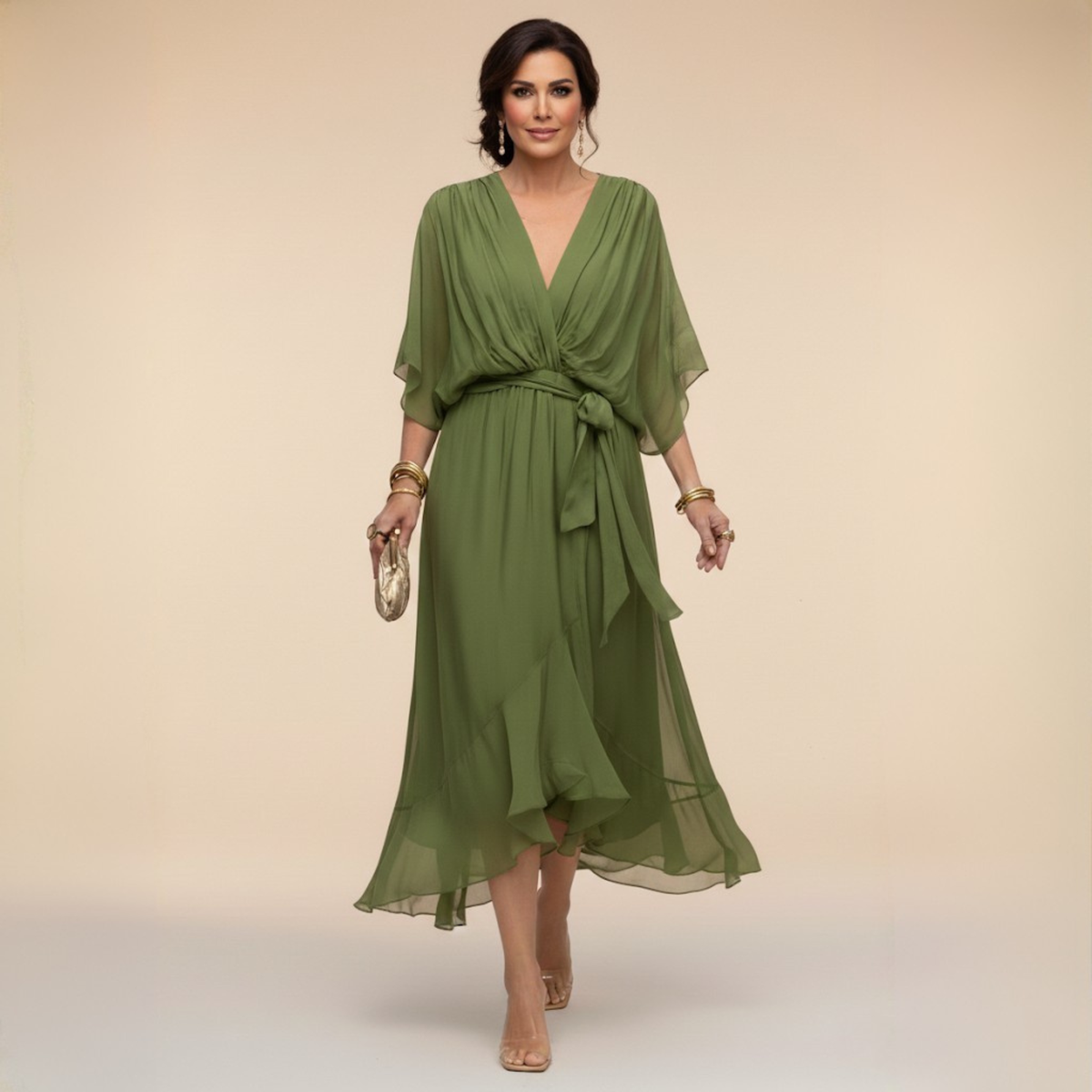 Women's V-Neck Wrap Midi Dress with 3/4 Sleeves