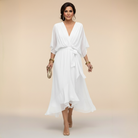 Women's V-Neck Wrap Midi Dress with 3/4 Sleeves