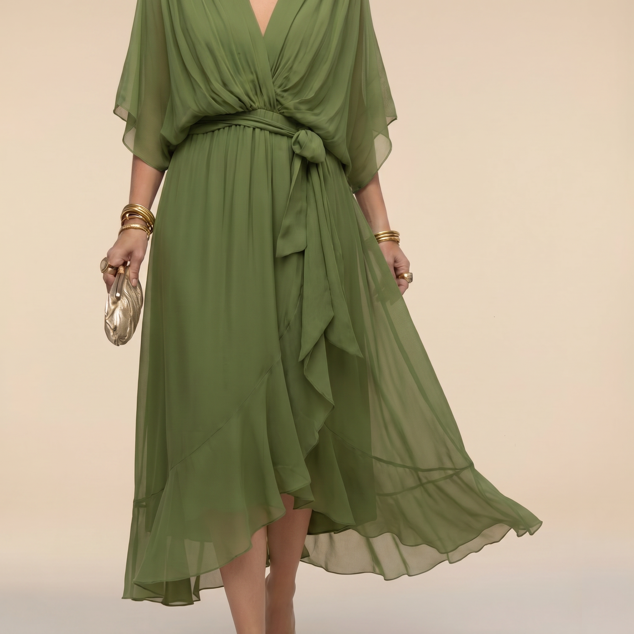Women's V-Neck Wrap Midi Dress with 3/4 Sleeves