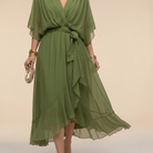 Women's V-Neck Wrap Midi Dress with 3/4 Sleeves