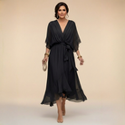 Women's V-Neck Wrap Midi Dress with 3/4 Sleeves