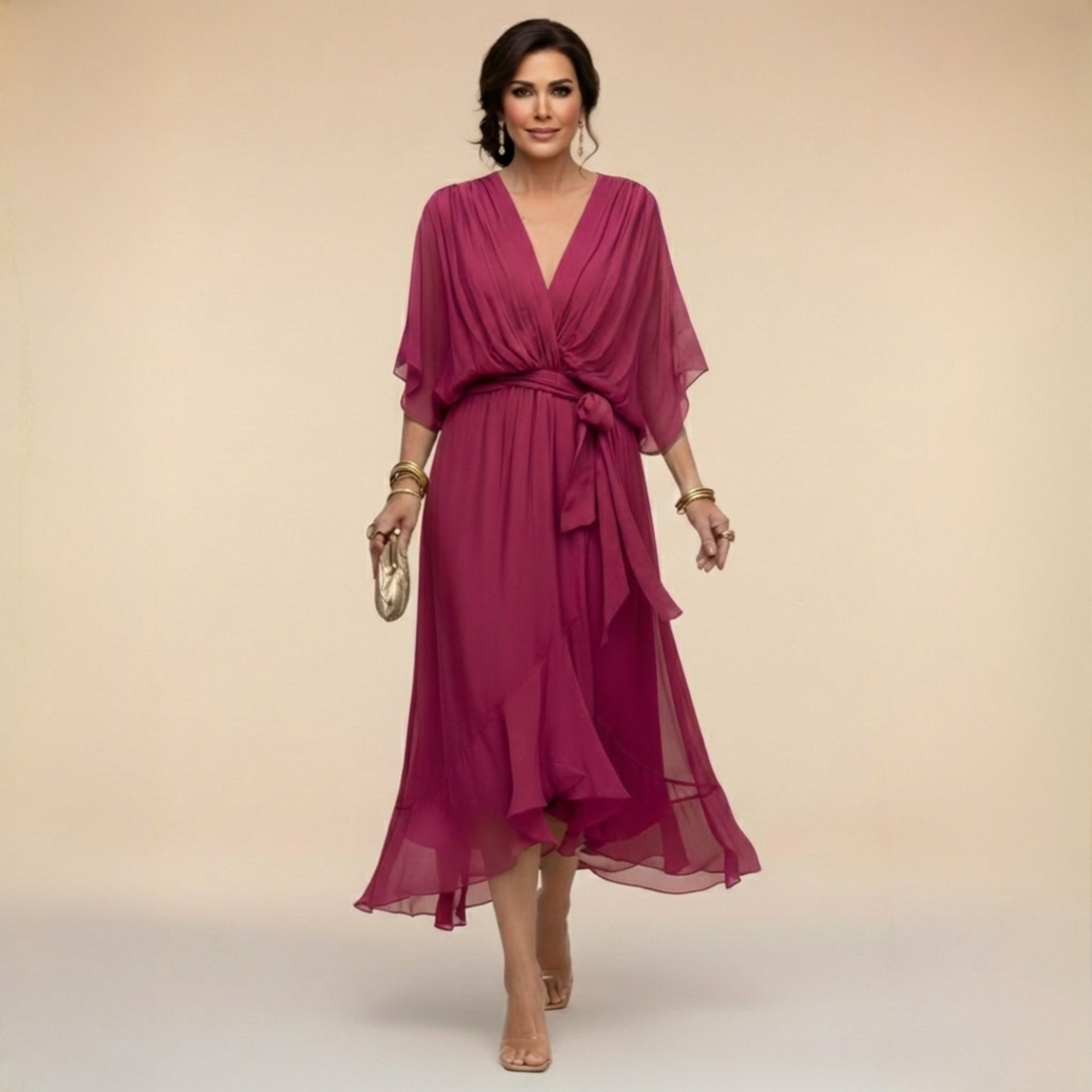Women's V-Neck Wrap Midi Dress with 3/4 Sleeves