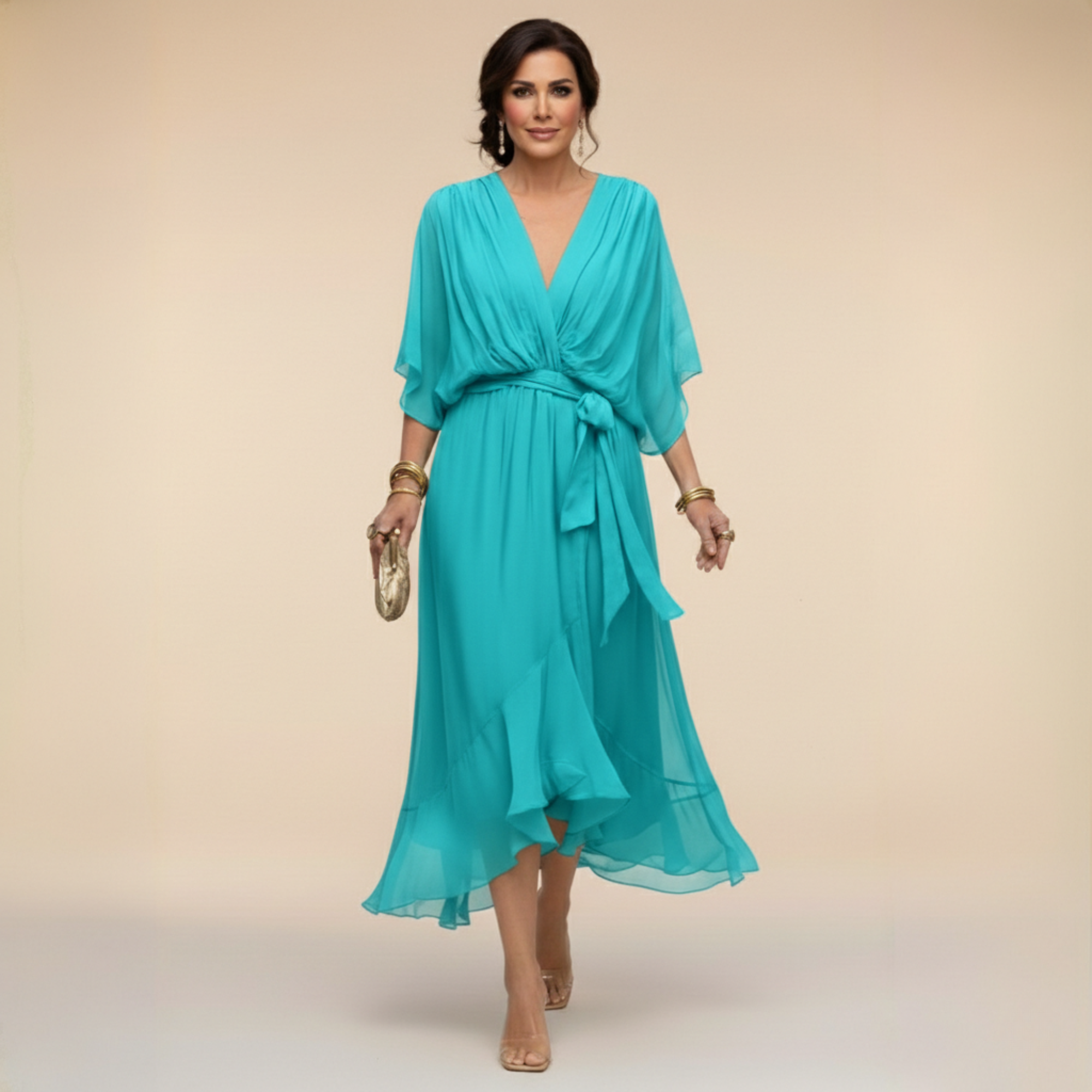 Women's V-Neck Wrap Midi Dress with 3/4 Sleeves