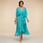 Women's V-Neck Wrap Midi Dress with 3/4 Sleeves