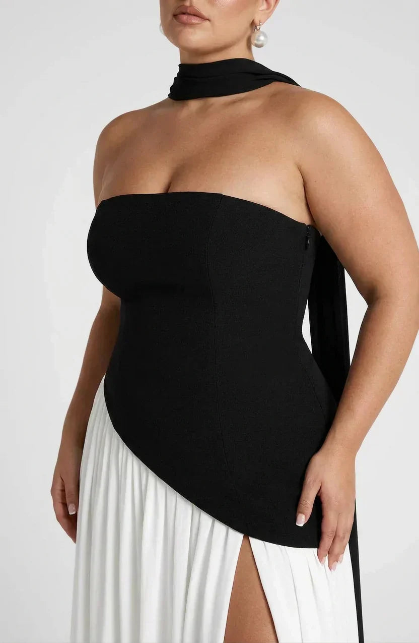 Maxi Dress For Women – Black & White Strapless Colorblock