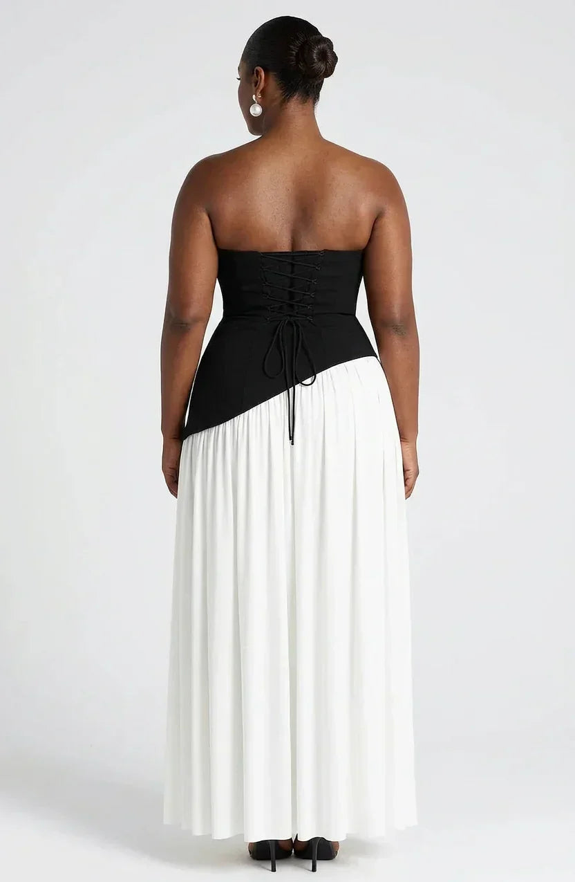 Maxi Dress For Women – Black & White Strapless Colorblock
