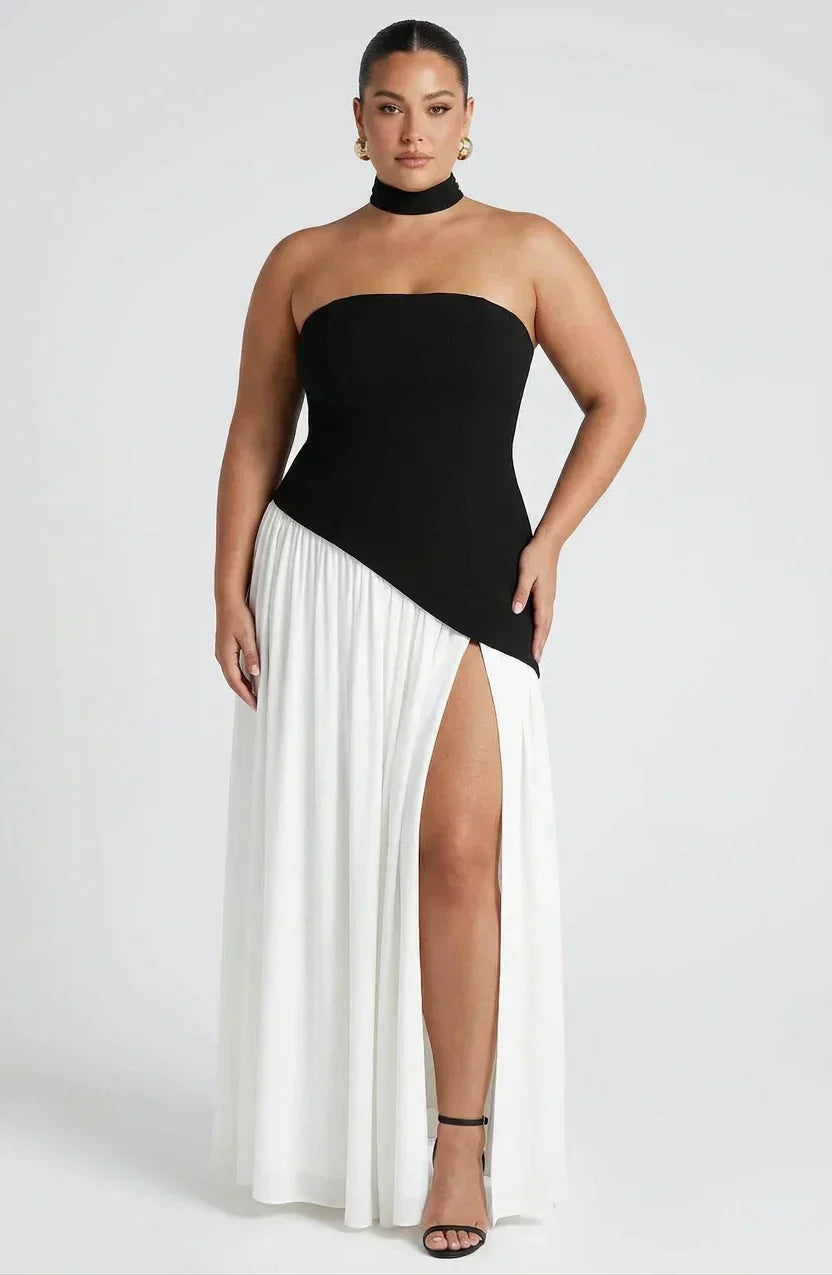 Maxi Dress For Women – Black & White Strapless Colorblock