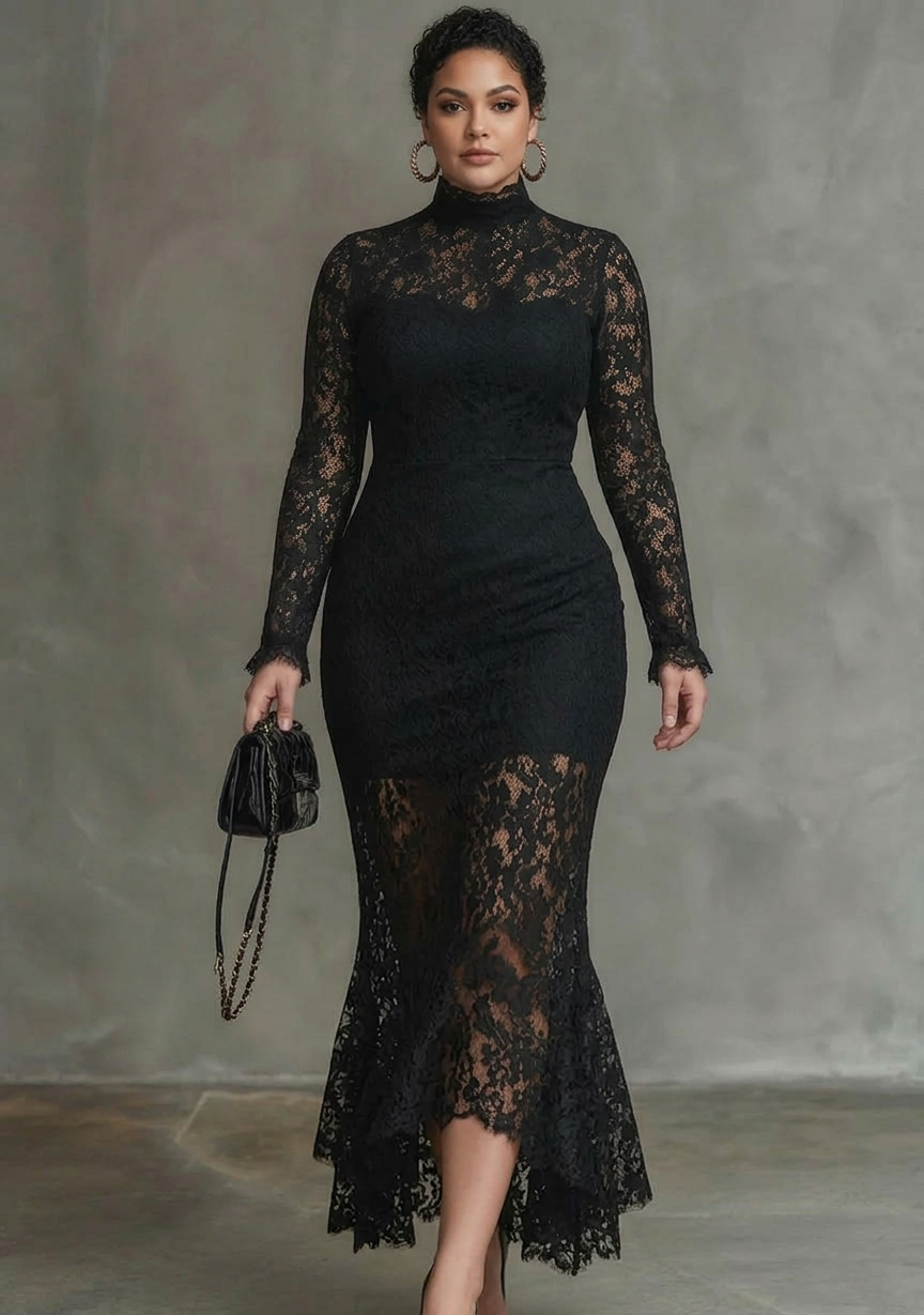 Women's Black Lace Fishtail Maxi Dress High Neck