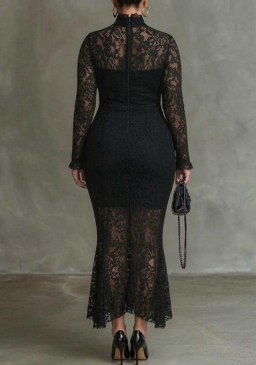Women's Black Lace Fishtail Maxi Dress High Neck