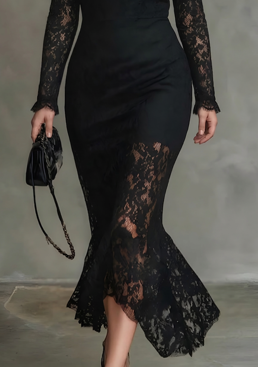 Women's Black Lace Fishtail Maxi Dress High Neck