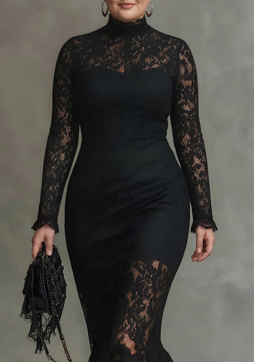 Women's Black Lace Fishtail Maxi Dress High Neck