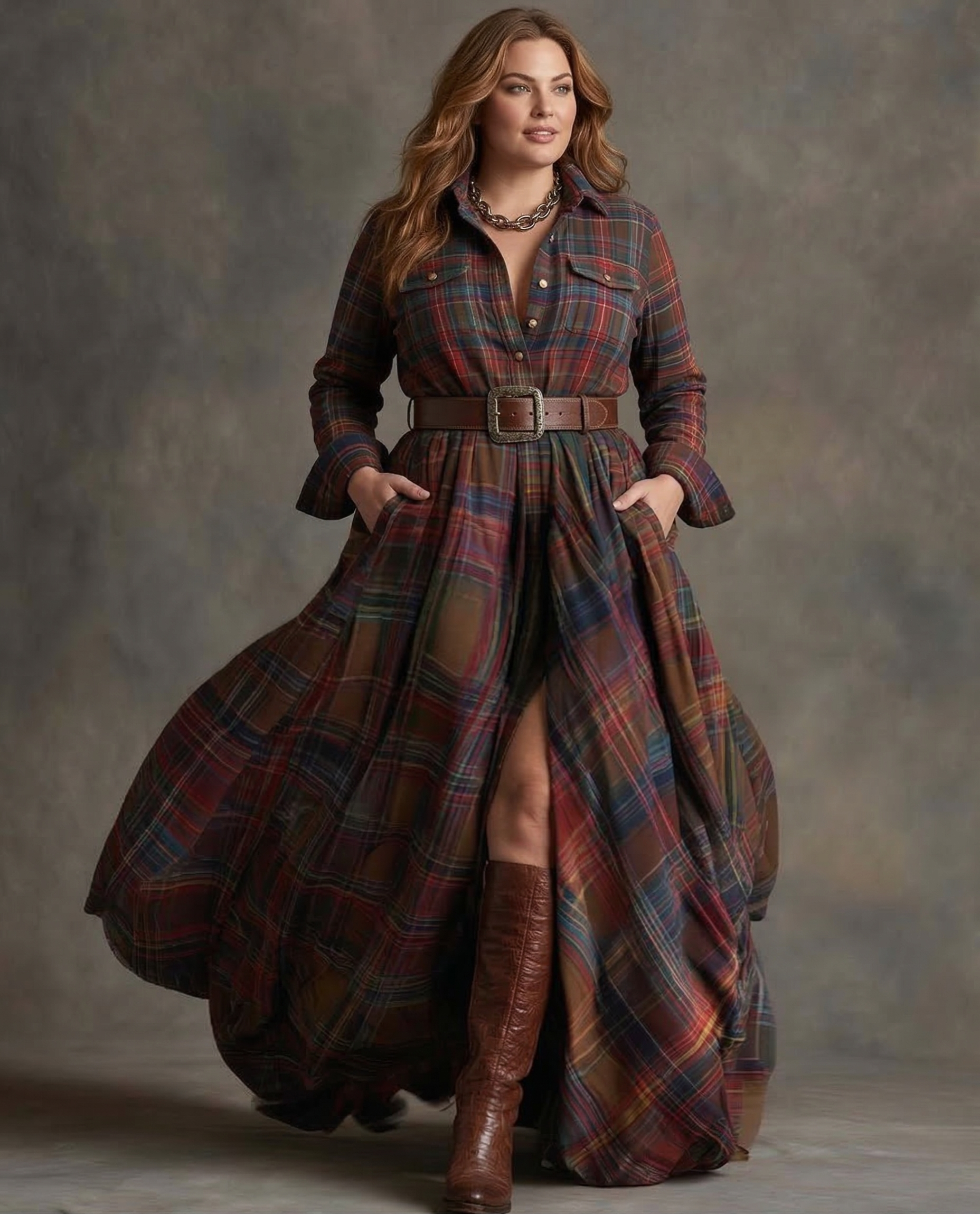 Women's Belted Dress – Flared Skirt with Side Pockets