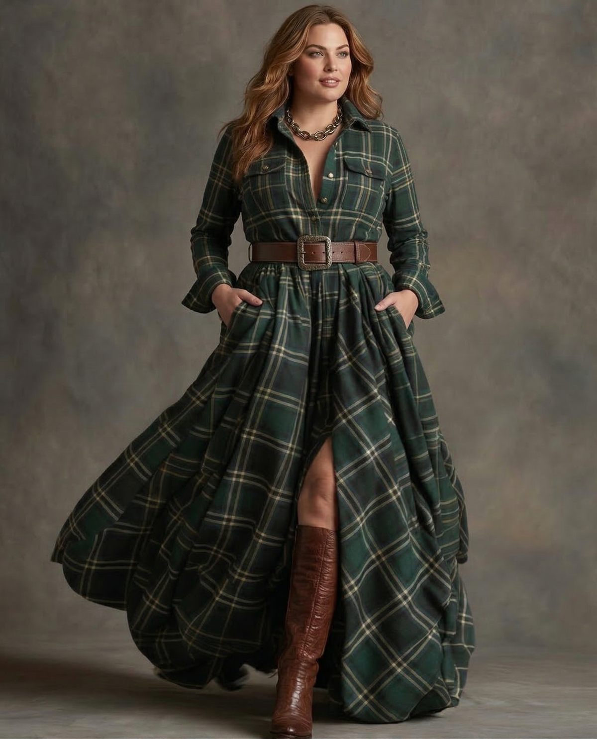 Women's Belted Dress – Flared Skirt with Side Pockets