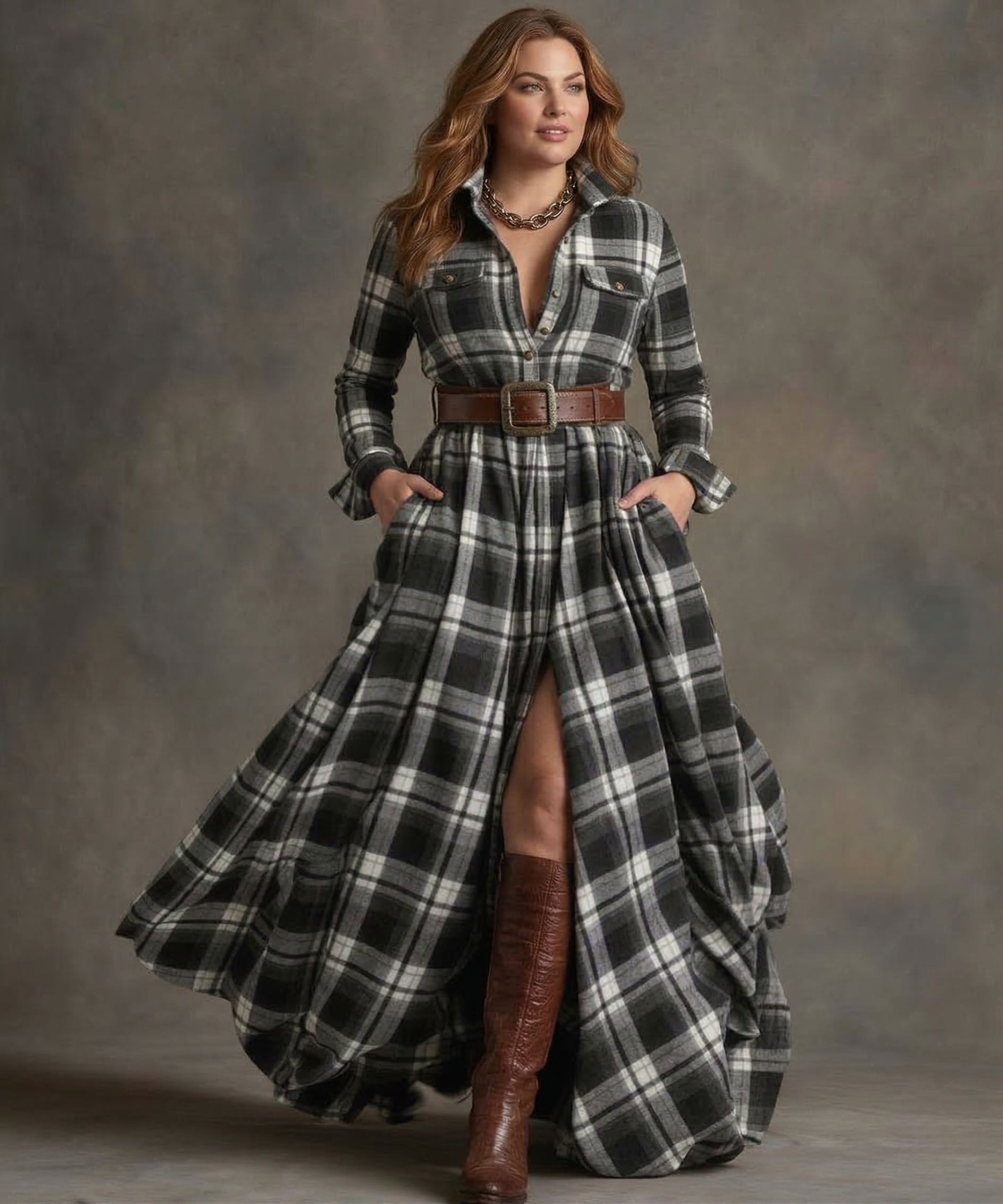 Women's Belted Dress – Flared Skirt with Side Pockets