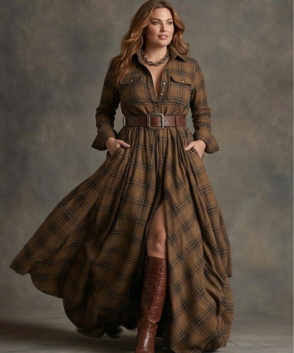 Women's Belted Dress – Flared Skirt with Side Pockets