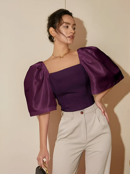 Hennie | Dames Blouse – Slanke Pasvorm met Vierkante Halslijn en Vrouwelijke Pofmouwen