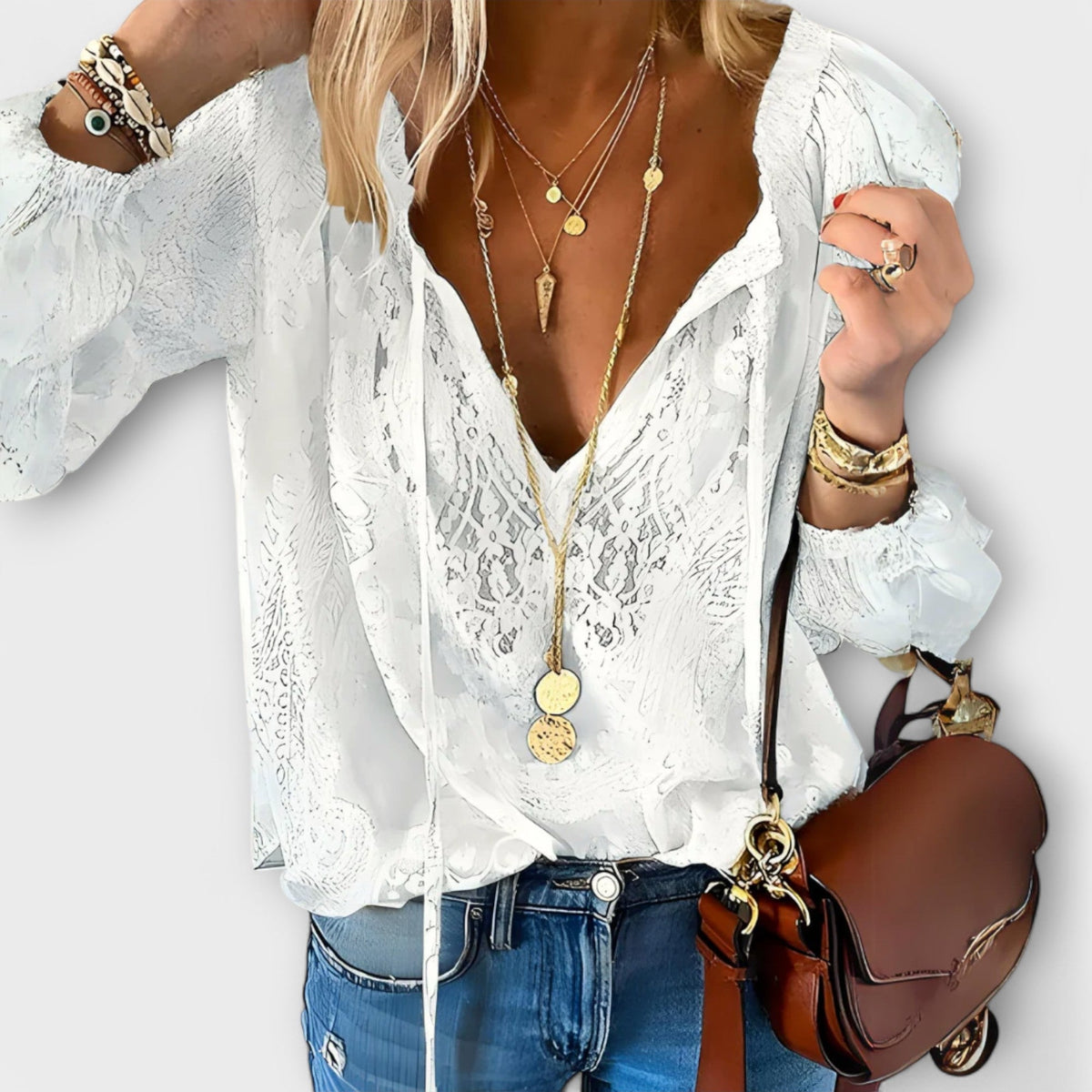 Women's V-Neck Lace Blouse with Long Sleeves