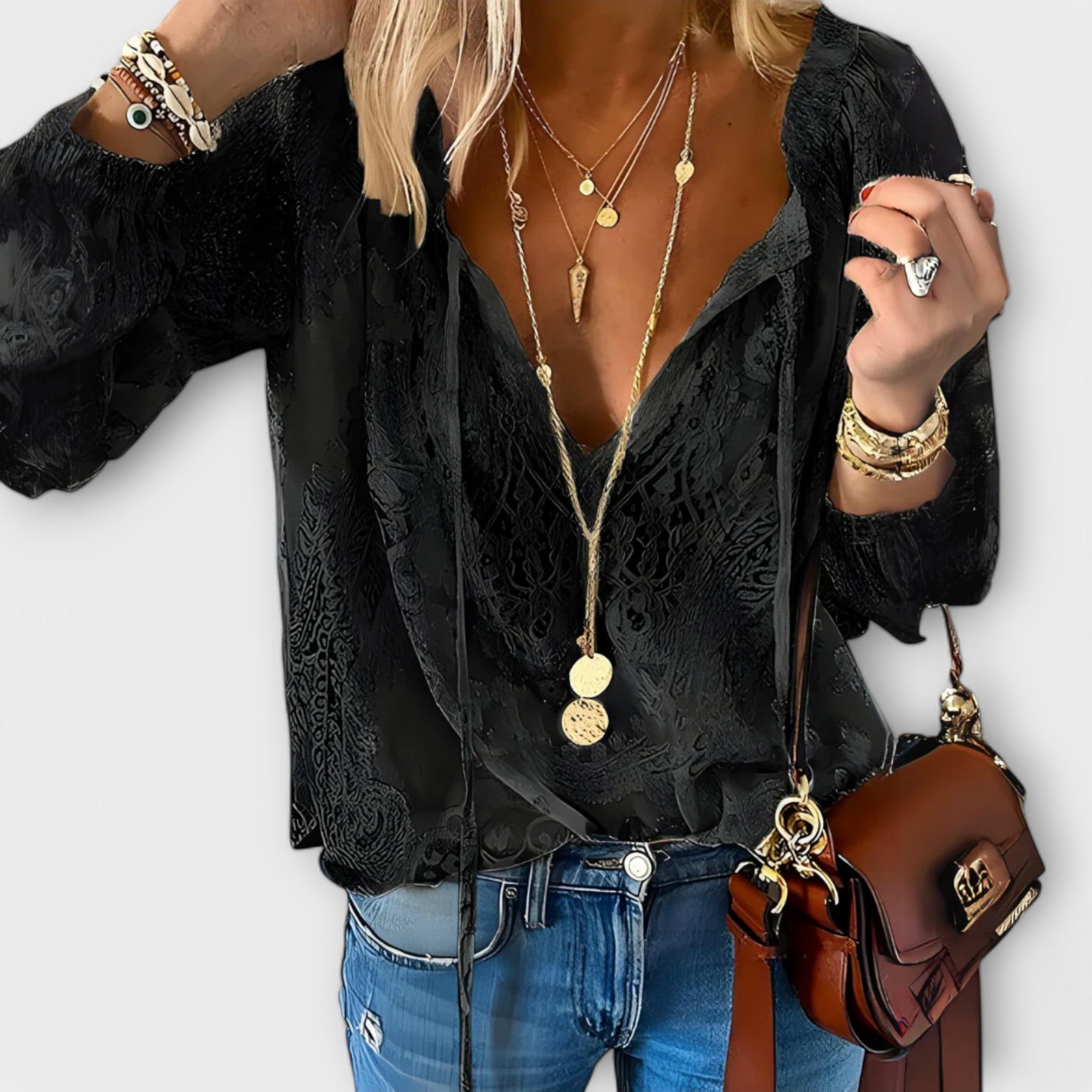 Women's V-Neck Lace Blouse with Long Sleeves