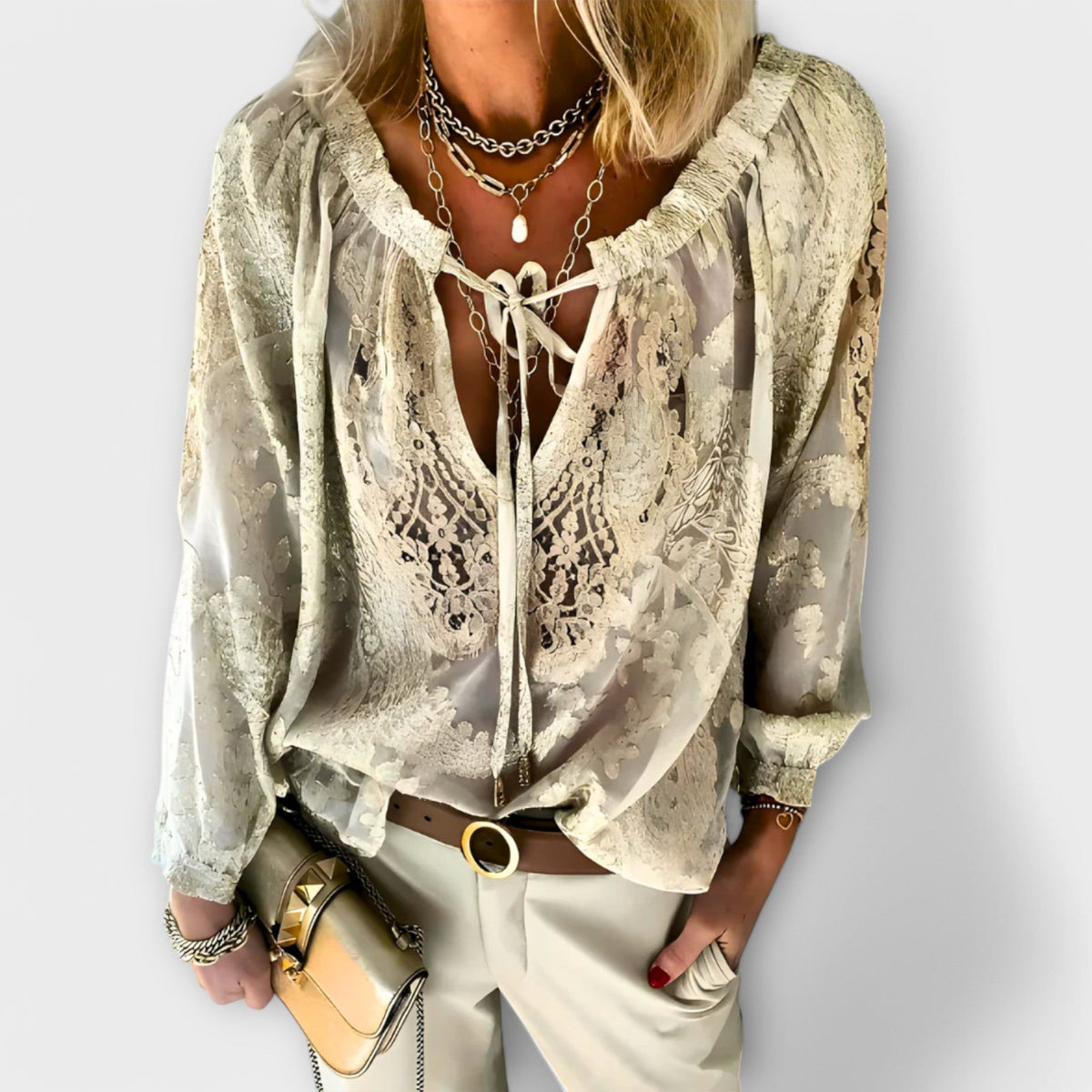 Women's V-Neck Lace Blouse with Long Sleeves