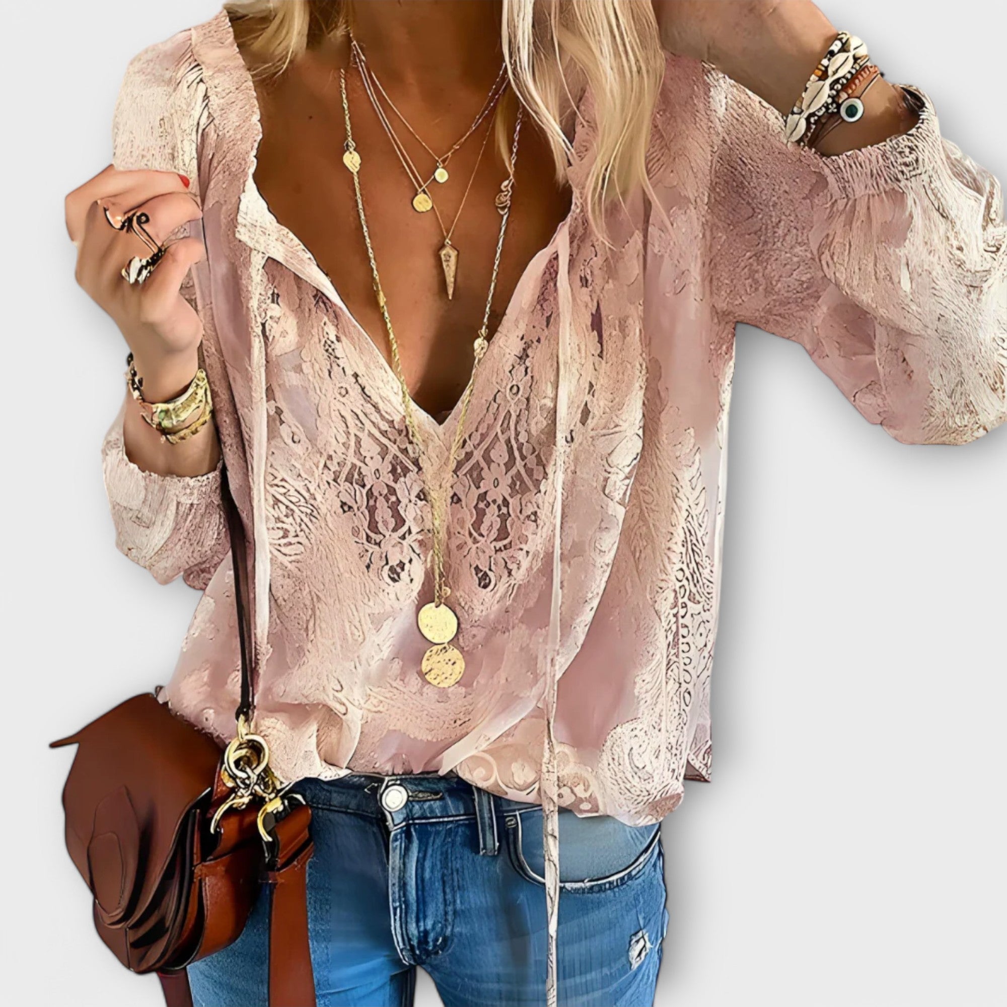 Women's V-Neck Lace Blouse with Long Sleeves
