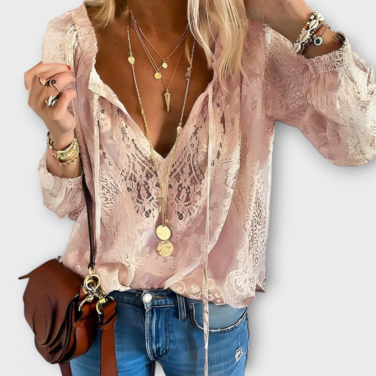 Women's V-Neck Lace Blouse with Long Sleeves