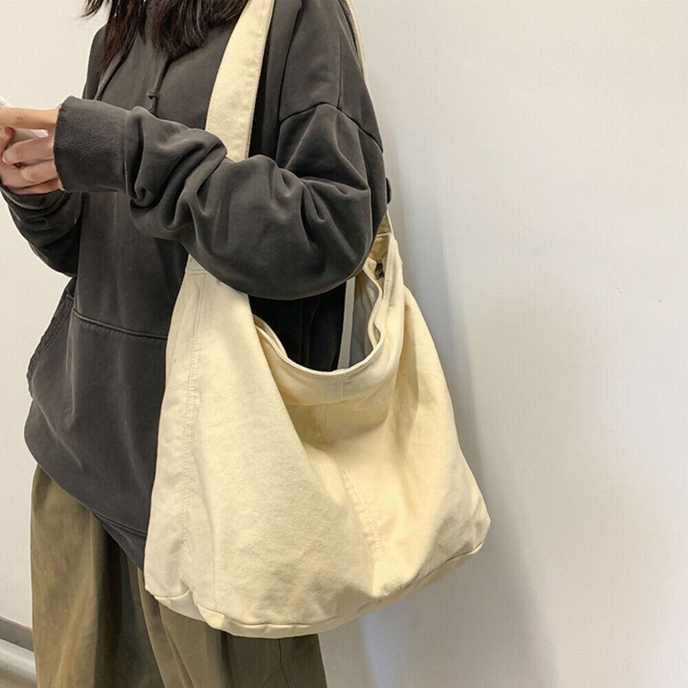 Women's Oversized Canvas Shoulder Bag with Wide Strap