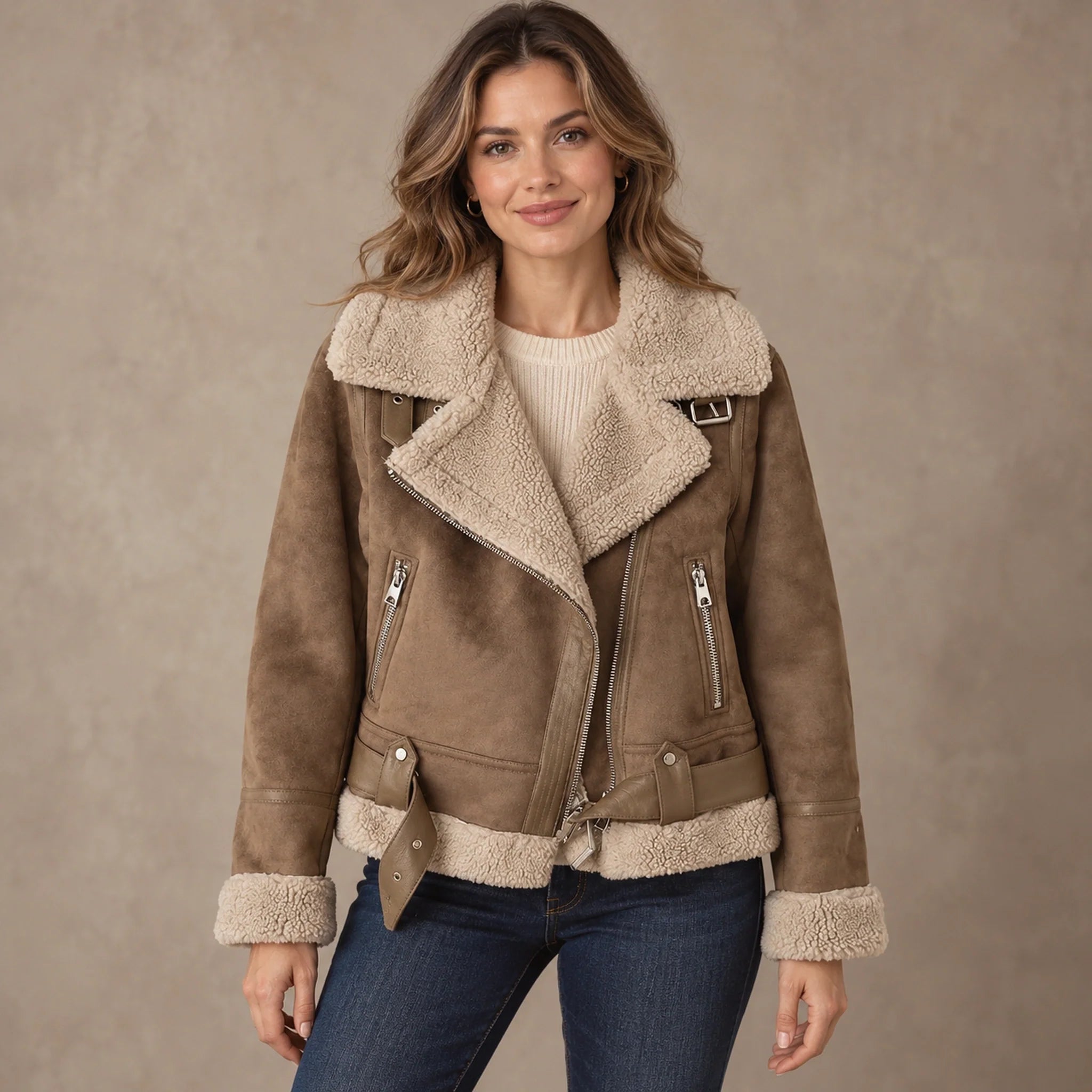 sherpa jacket — Women's Sherpa Lined Biker Jacket — Amira — Brown — complete front view, image