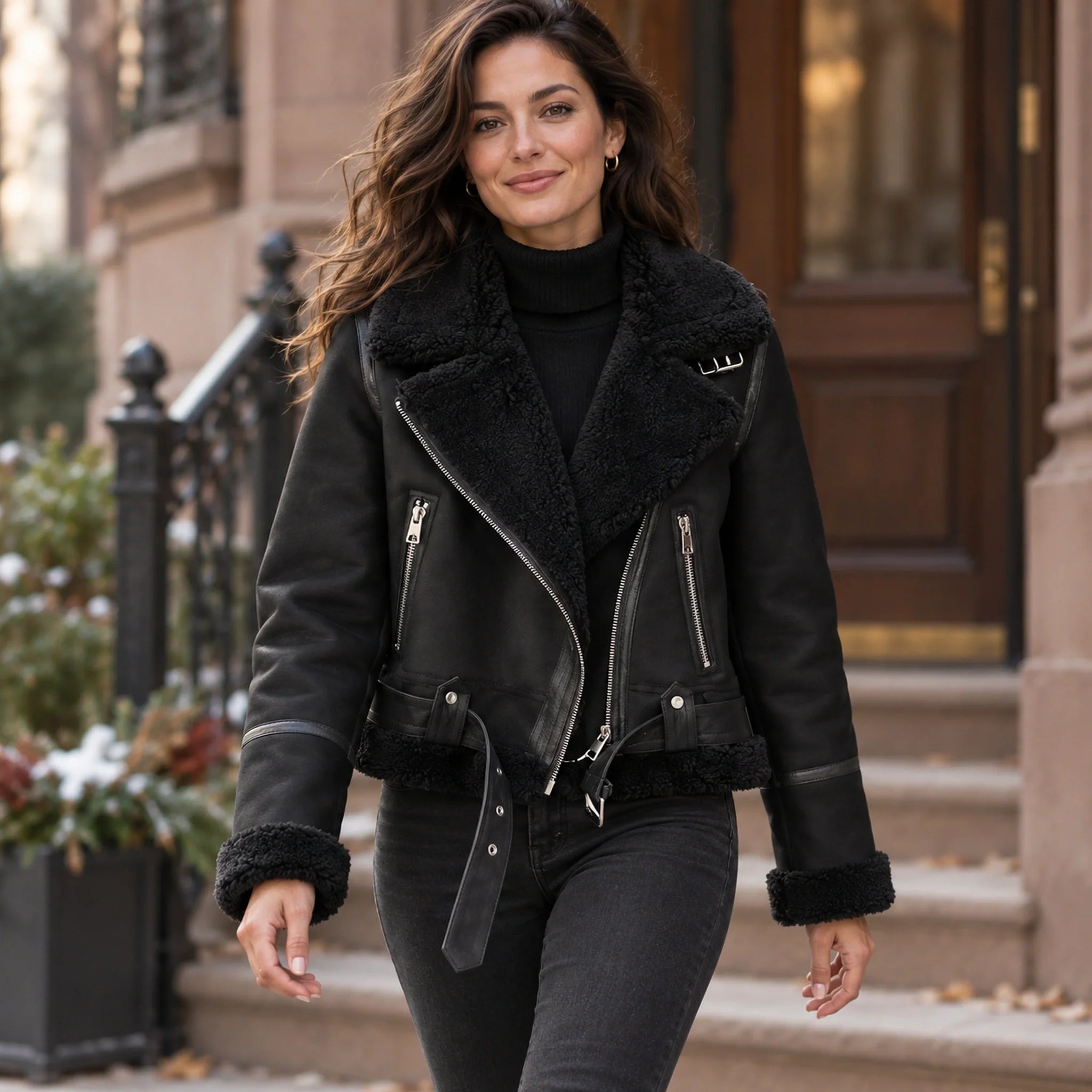 sherpa jacket — Women's Sherpa Lined Biker Jacket — Amira — Black — complete garment in a gentle walking pose toward — view 6