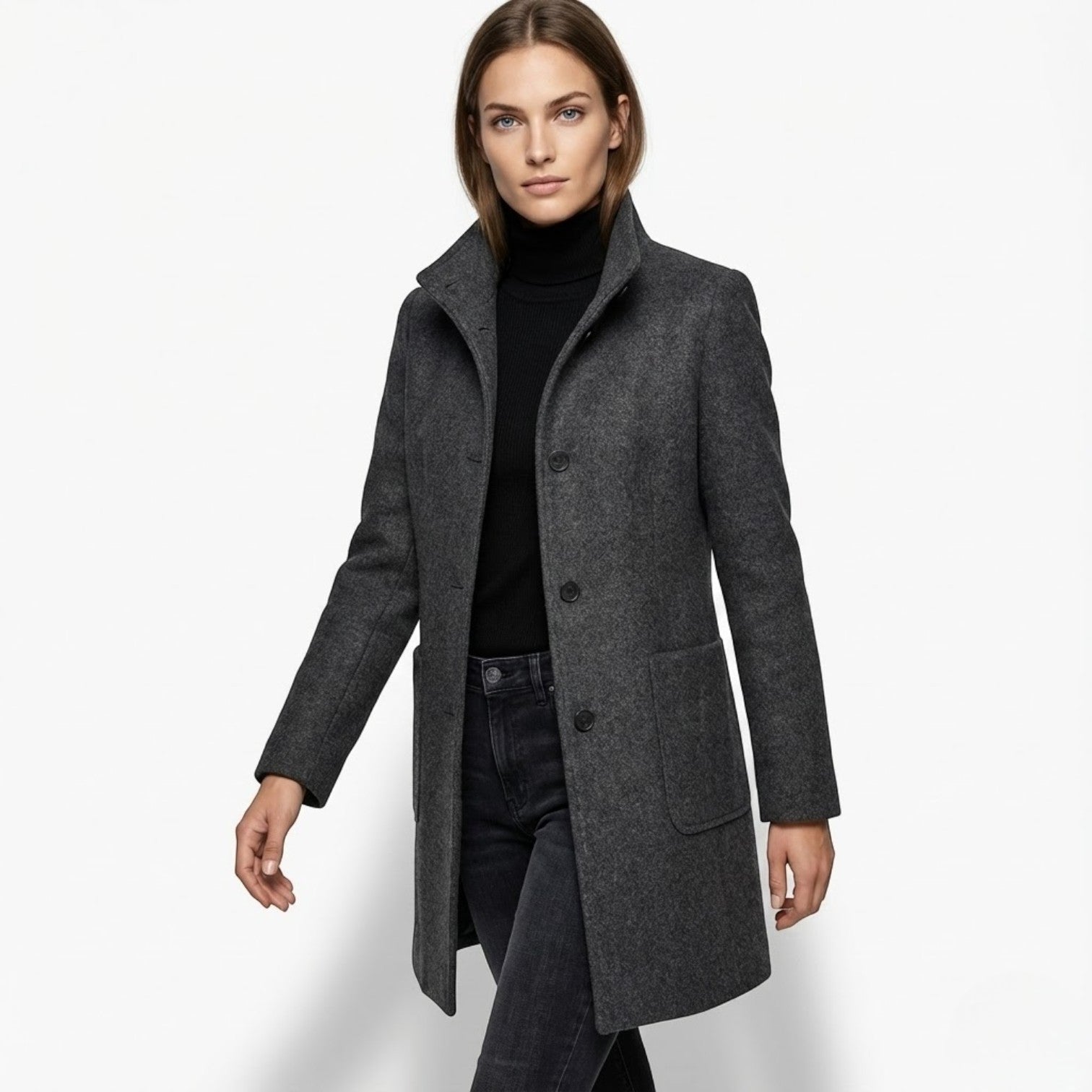 Soraya – Women's Coat with button closure and stand - up collar - Trench Coats - Black - Taylor & Bennett