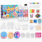 Flatlay of all DIY squishy kit contents: silicone bottles, molds, pigments and tools