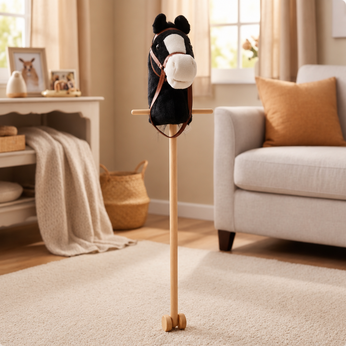 Black plush stick horse toy standing on wooden wheels in a living room