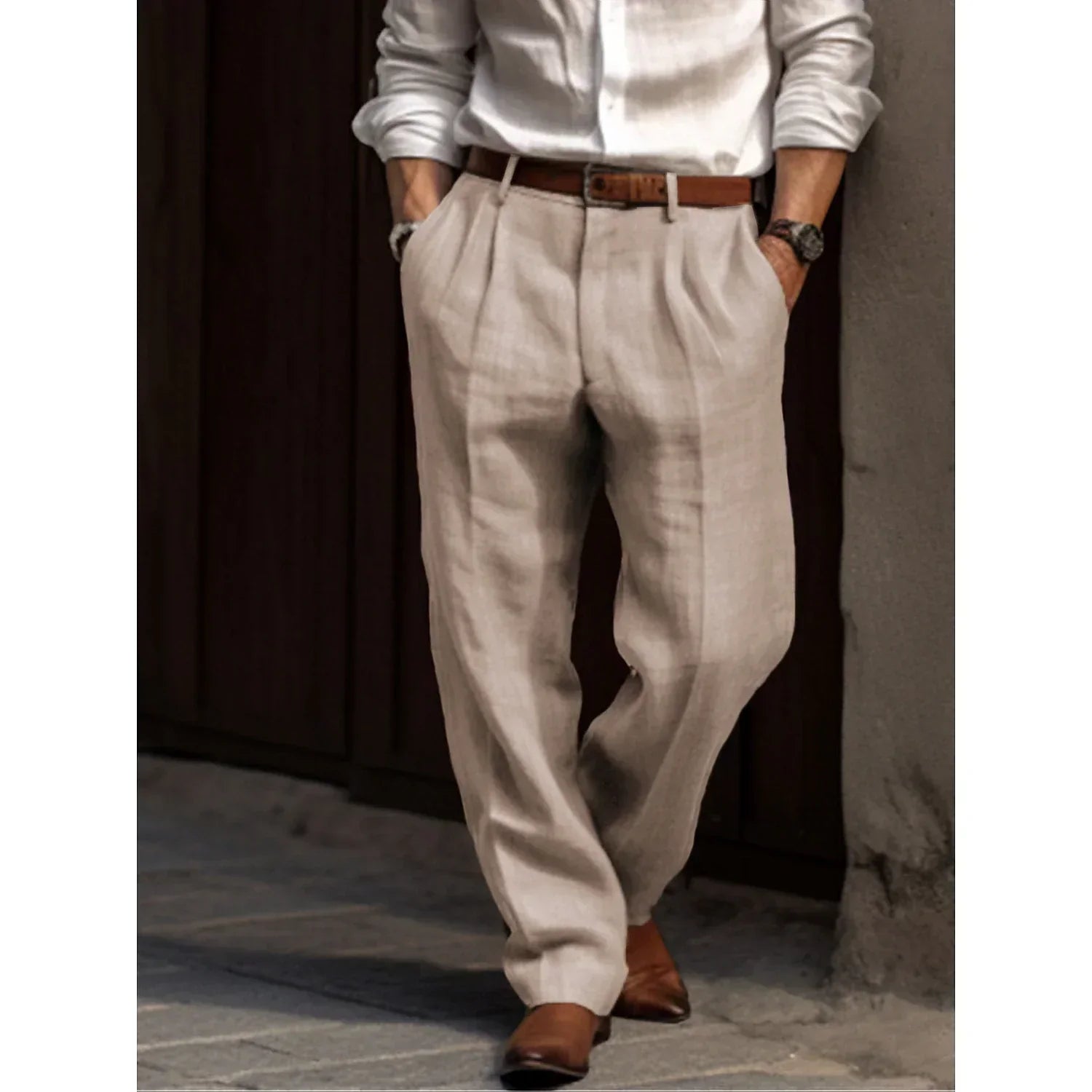 Men's Linen Blend Trousers - Breathable Relaxed Fit Casual Pants
