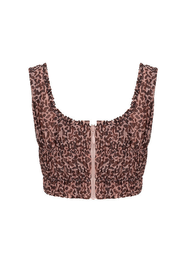Minne | Dames Mouwloze Top – Luipaardprint, Geplooide Halslijn, Knoopsluiting