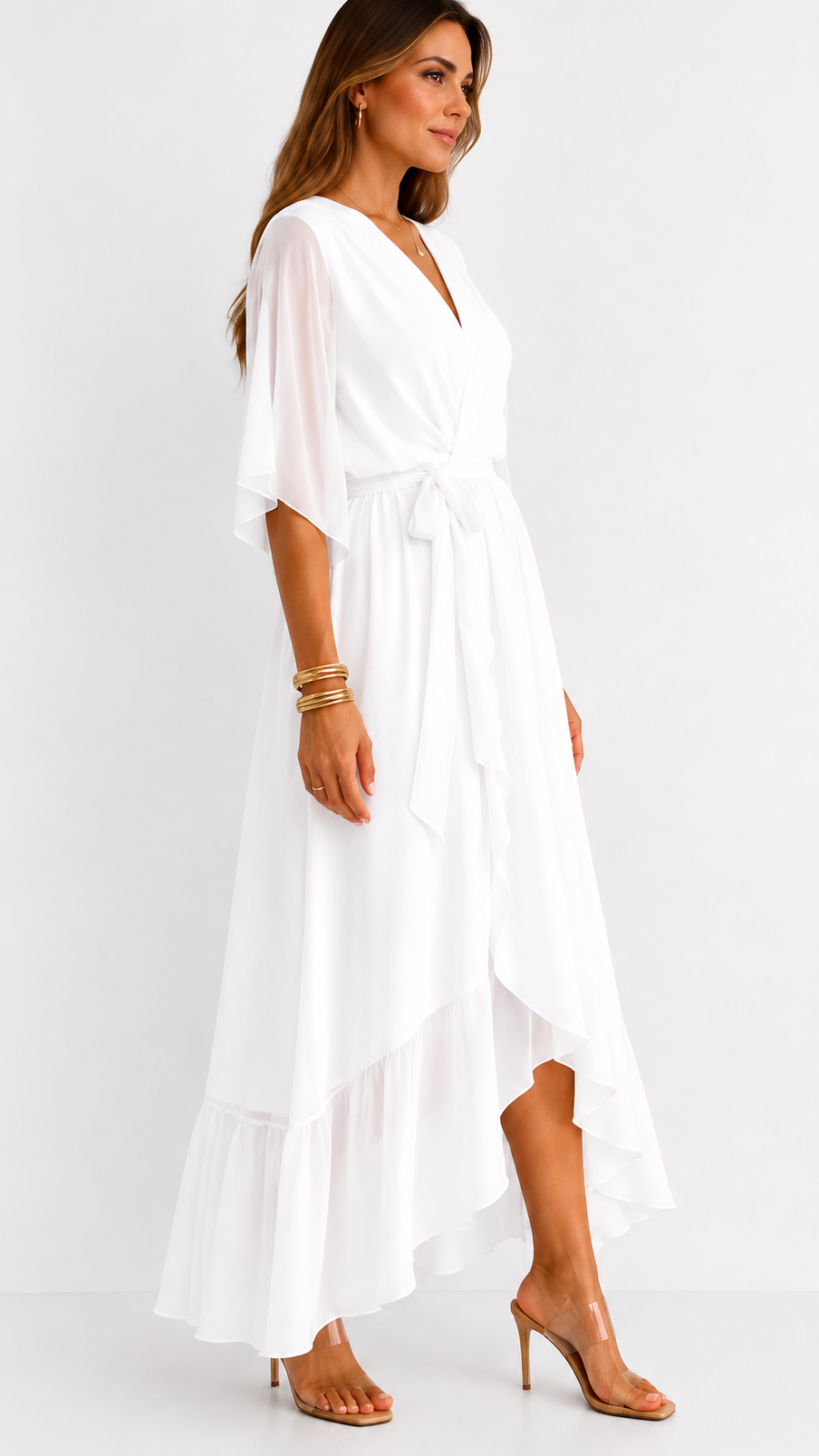 Women's Chiffon Wrap Dress with Flowing Sleeves