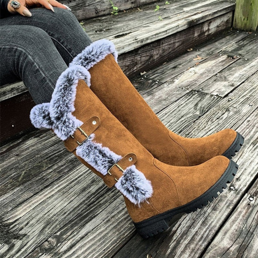 Women's Orthopedic Lined Boots with Faux Fur Trim and Buckle Detail