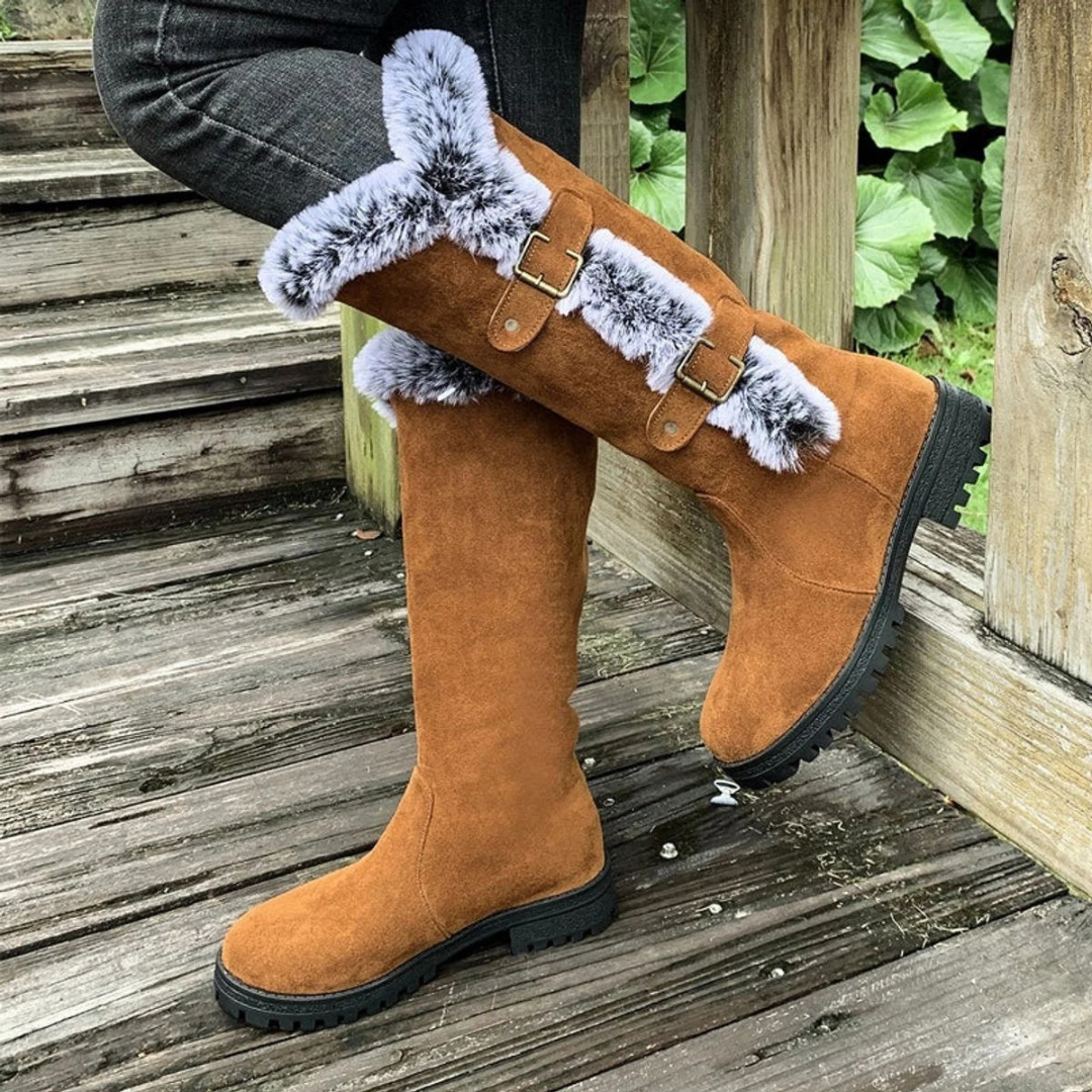 Women's Orthopedic Lined Boots with Faux Fur Trim and Buckle Detail