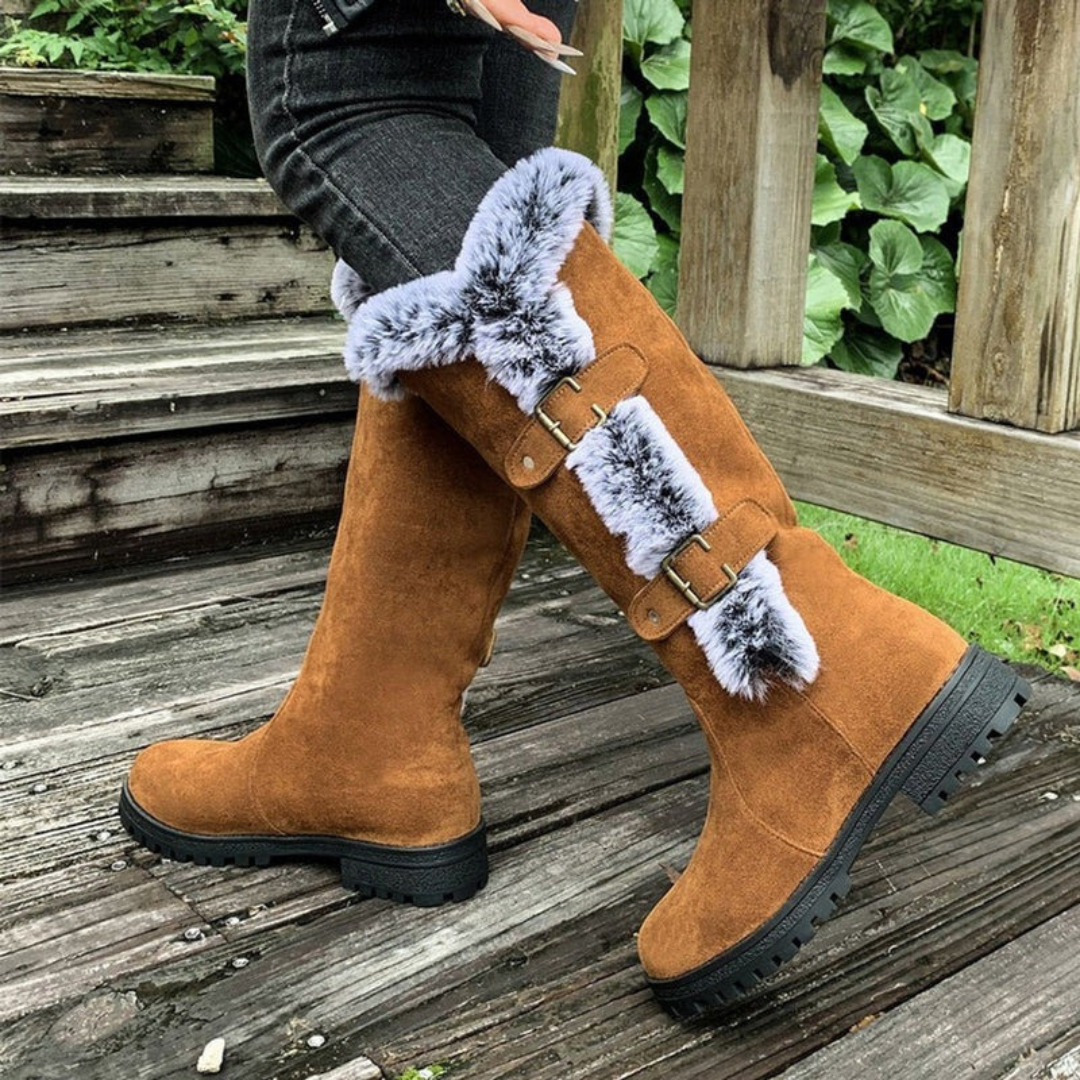 Women's Orthopedic Lined Boots with Faux Fur Trim and Buckle Detail
