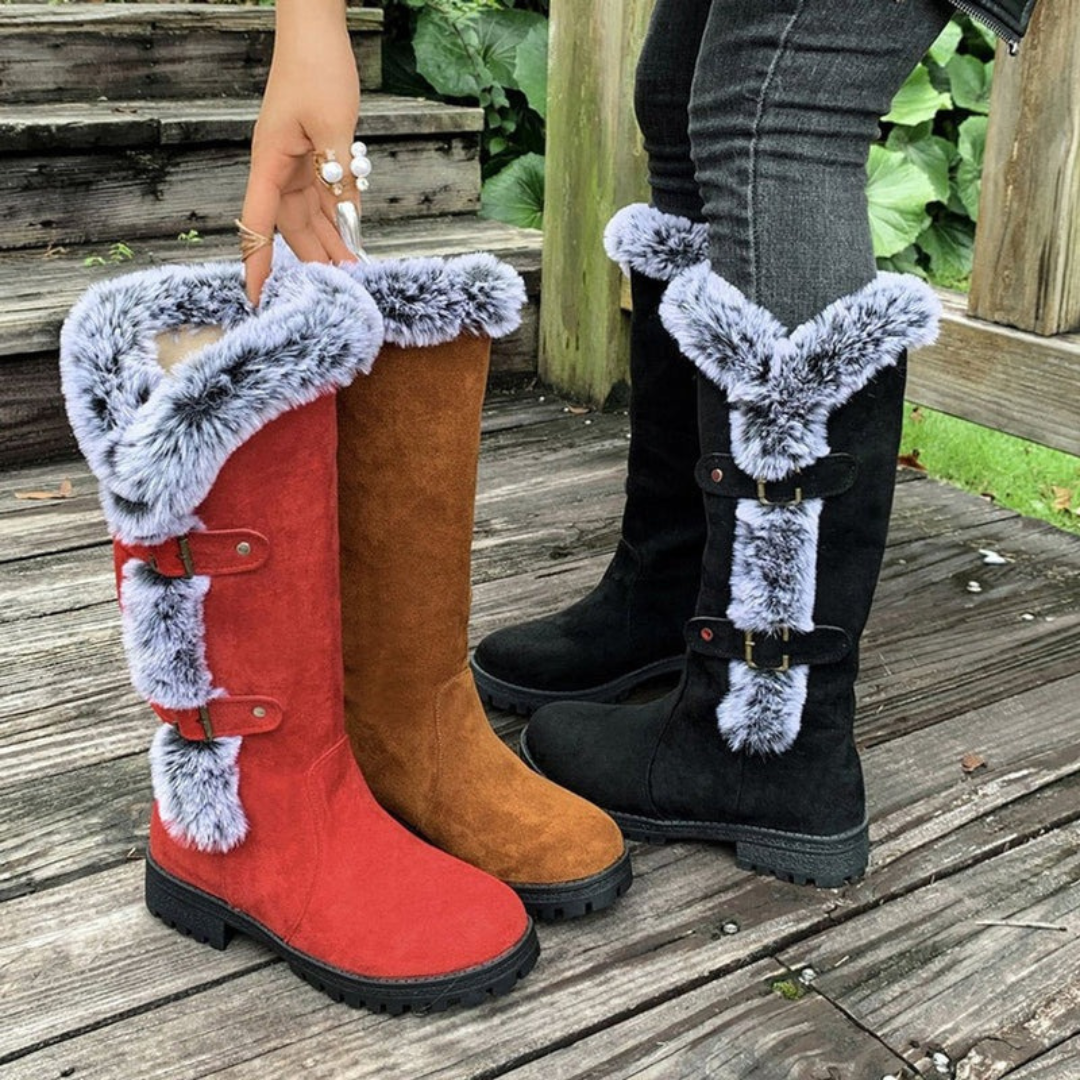 Women's Orthopedic Lined Boots with Faux Fur Trim and Buckle Detail