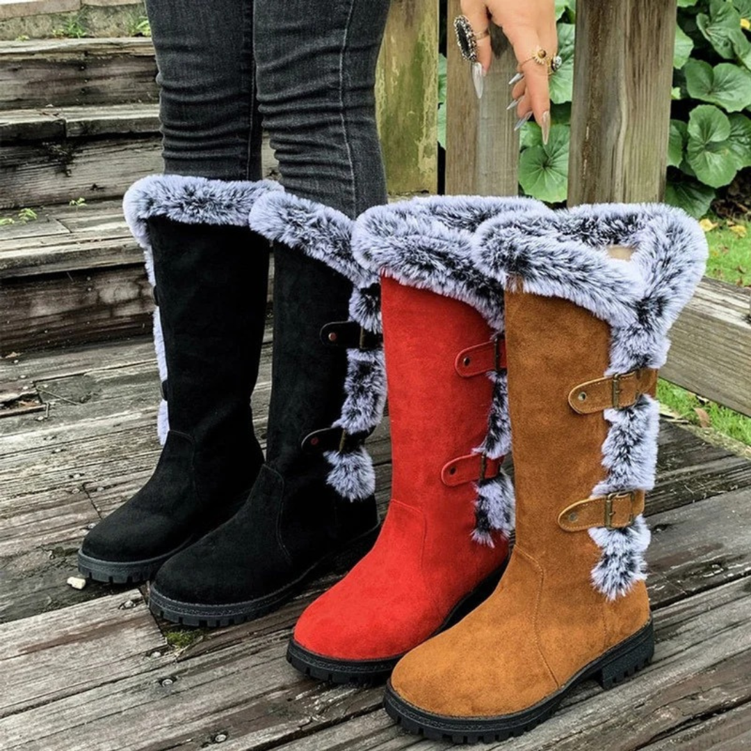 Women's Orthopedic Lined Boots with Faux Fur Trim and Buckle Detail