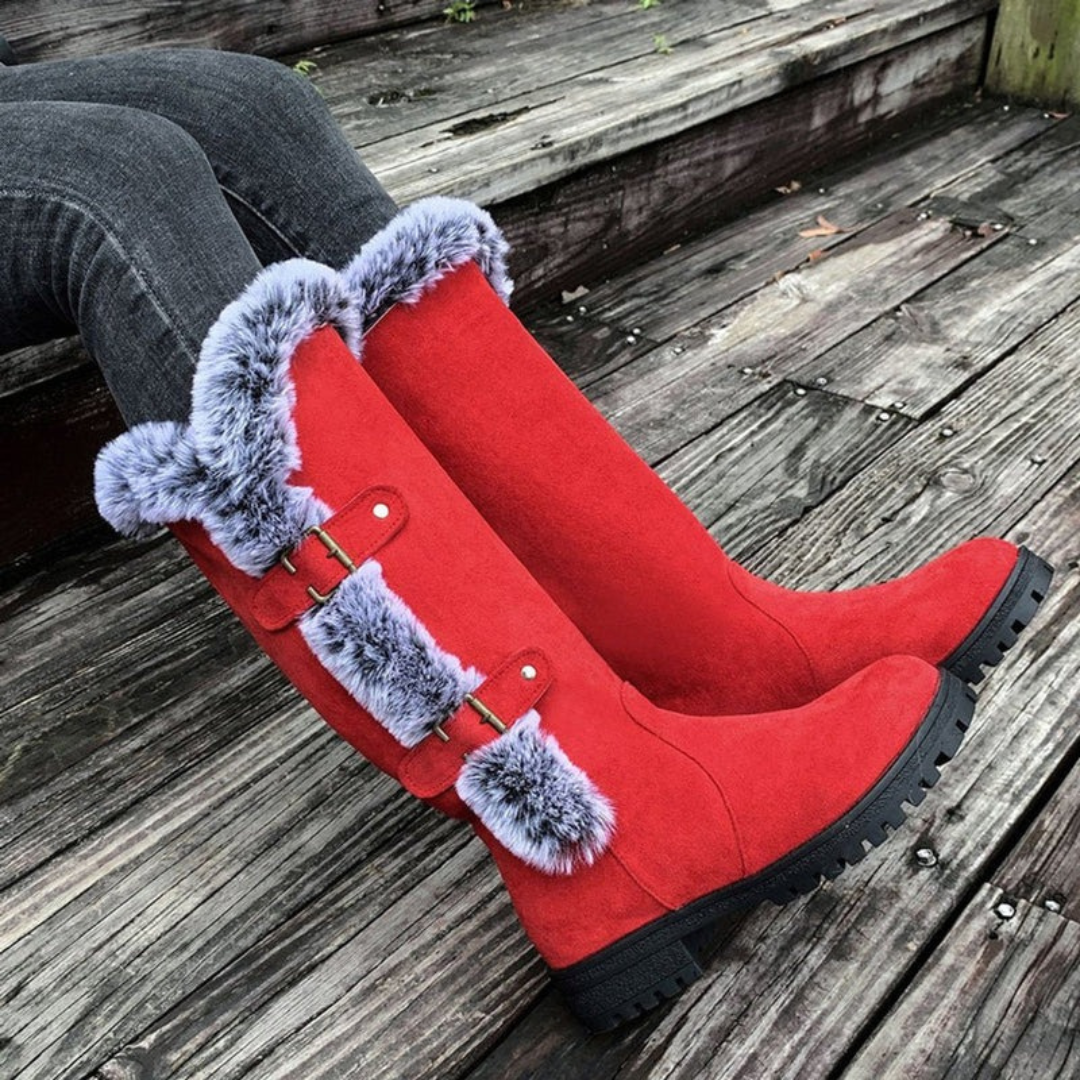 Women's Orthopedic Lined Boots with Faux Fur Trim and Buckle Detail